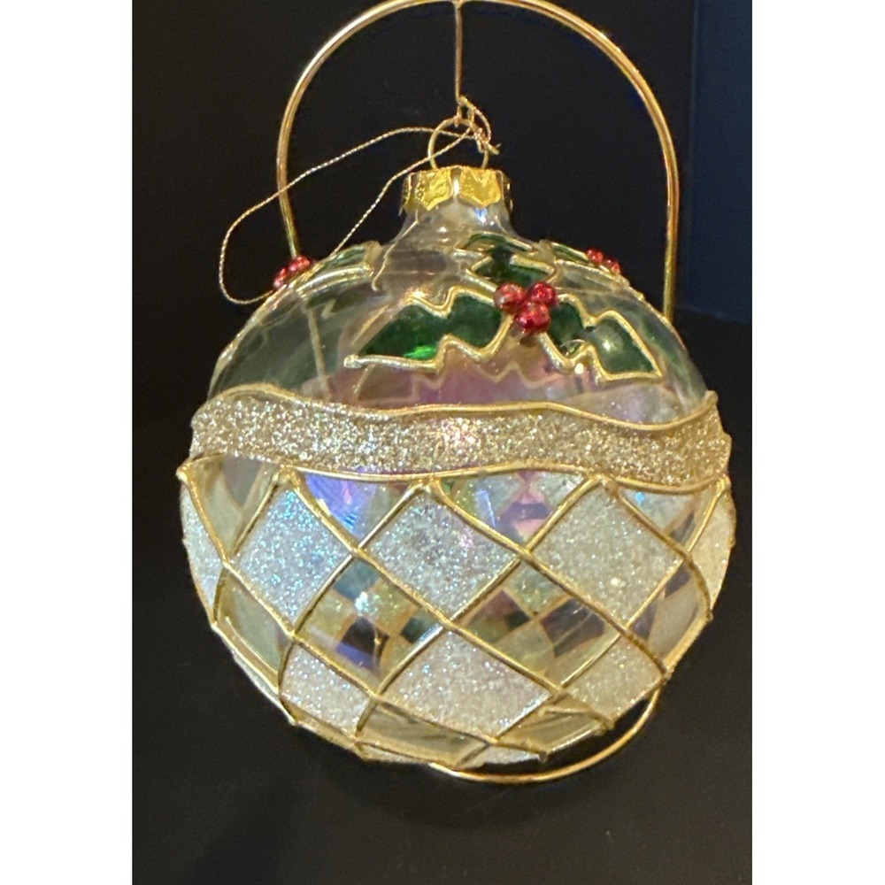 Large Glass Orb Ball Holly Berries Gold Glitter Christmas Tree Ornament 4.5"